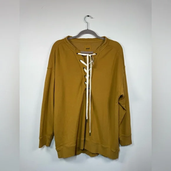 Aerie Lace Up Crew Oversized Sweatshirt Mustard - Picture 2 of 6